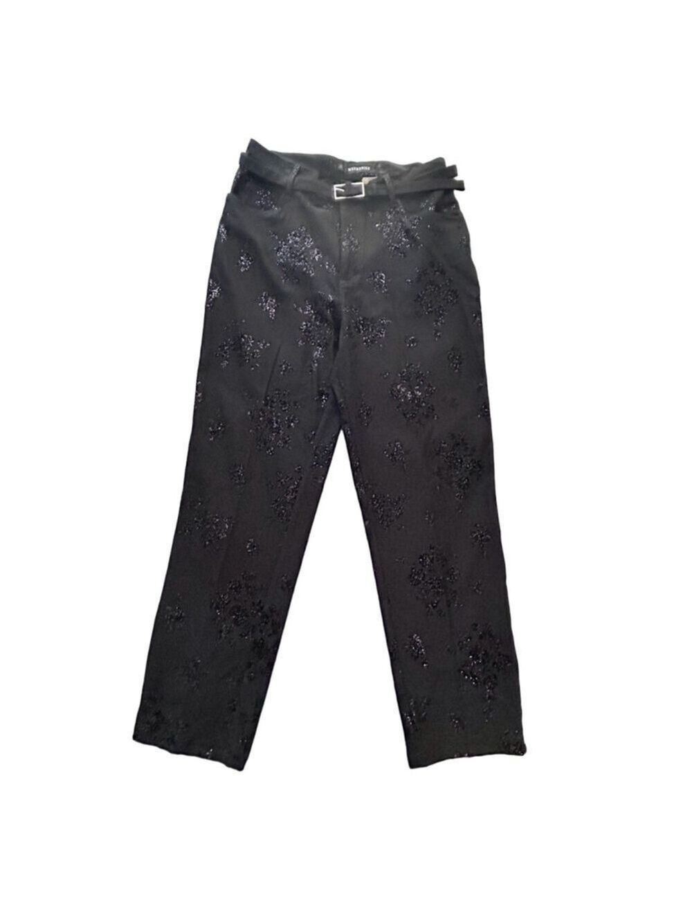 Mesmerize Black Glitter Floral Ankle Cropped Pants Size 12 Belted